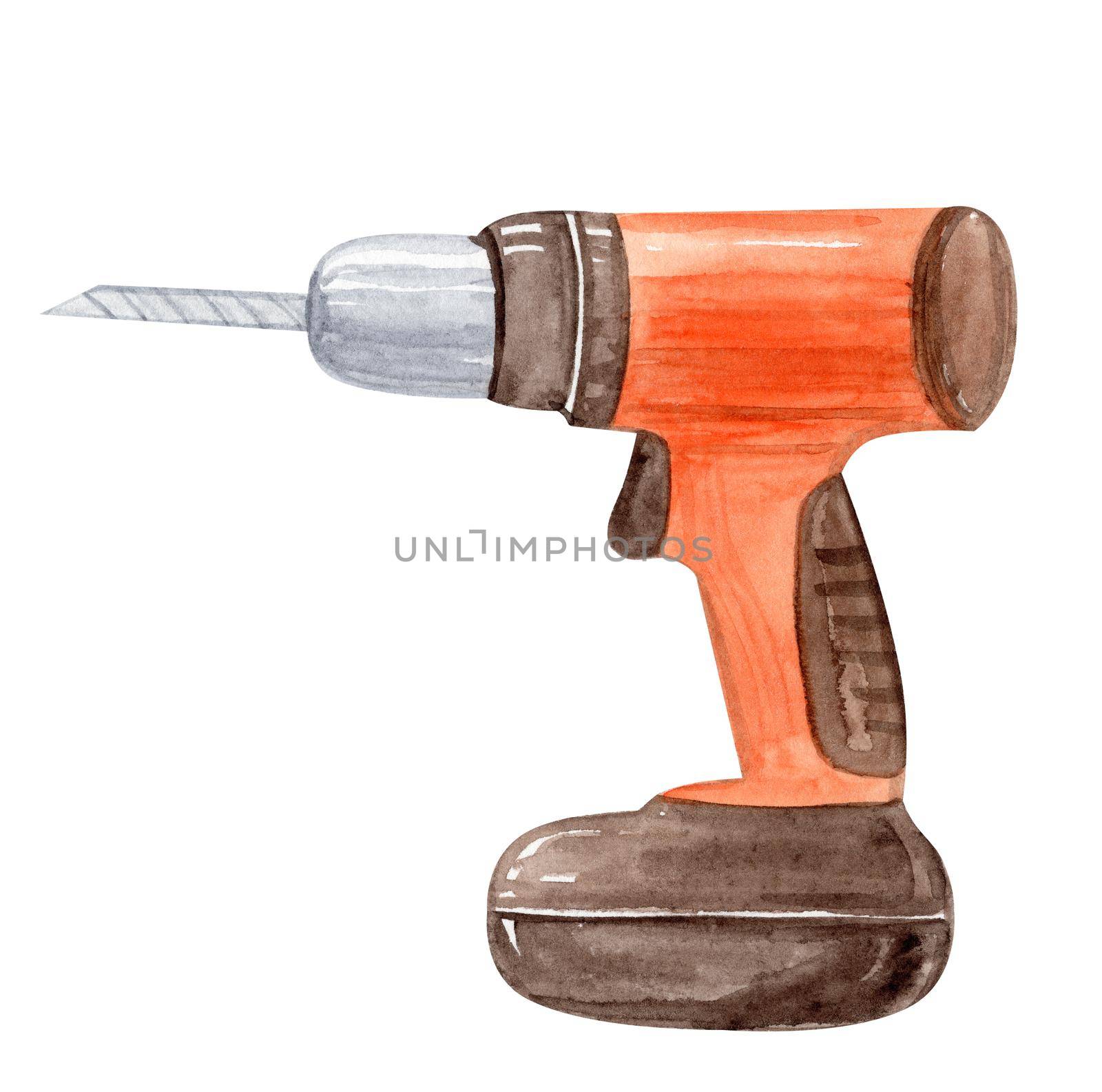 Watercolor orange drill tool isolated on white background. Hand drawn instrument illustration