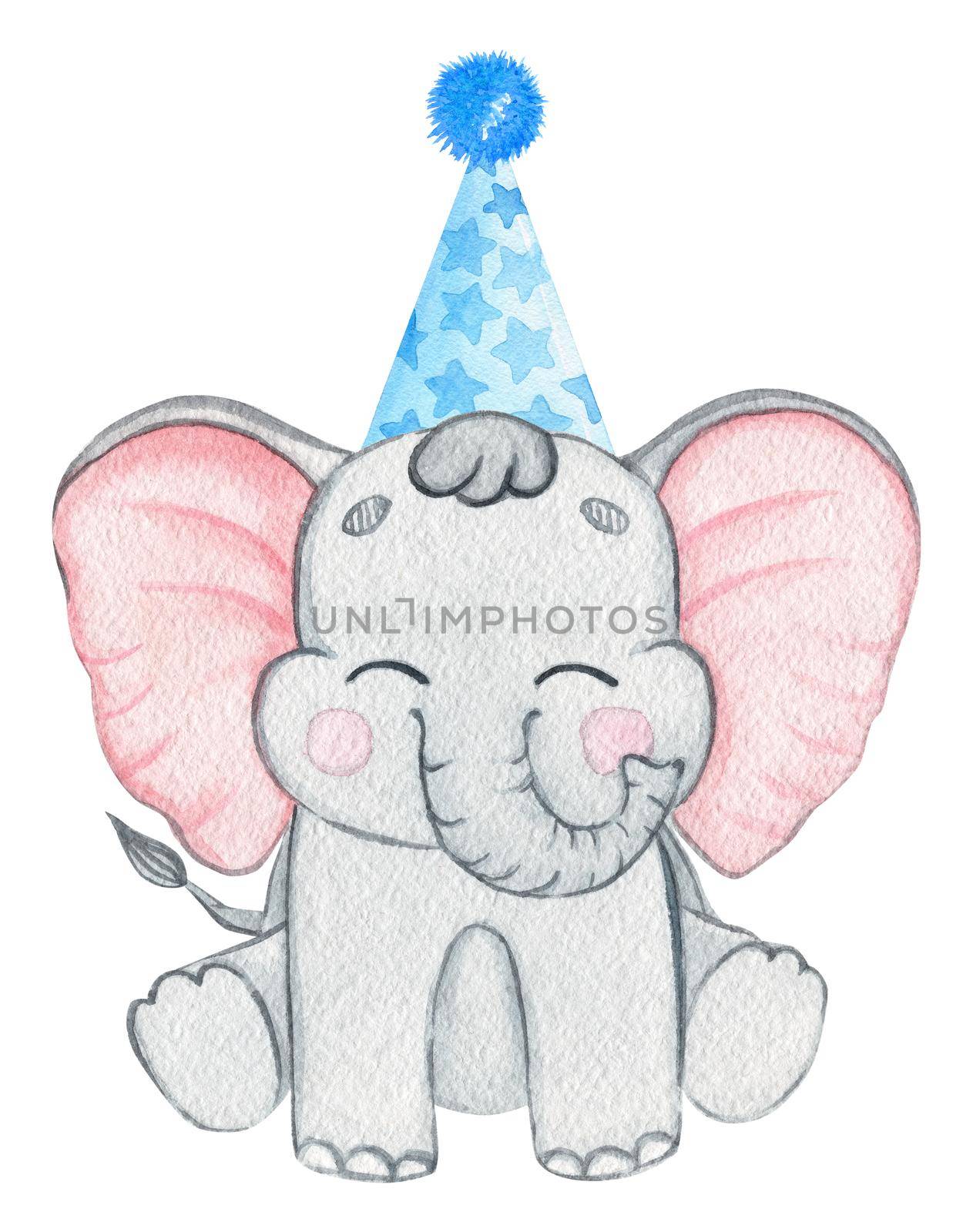 Watercolor elephant in blue party cap isolated on white background. Hand drawn baby animal illustration