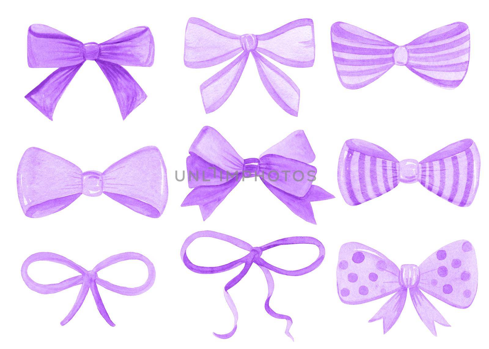 Watercolor purple bows set isolated on white background by dreamloud