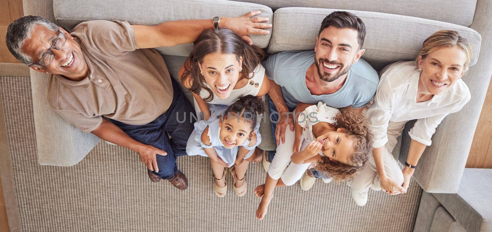 Children, parents and grandparents on sofa with above view and generations of family spending time together. Love, diversity and couple with girl kids, grandma and grandpa relax and smile at home