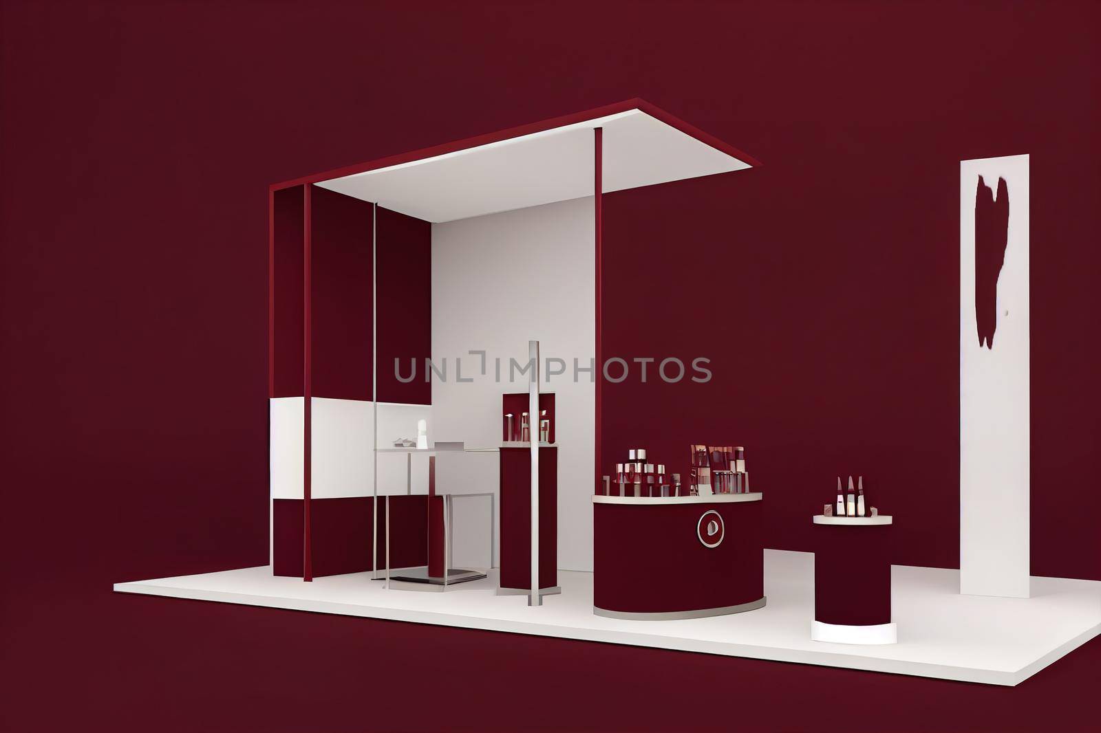 3D background, podium display on natural shadow, burgundy red dark backdrop. Product promotion Beauty cosmetic stand. Studio Minimal autumn empty concrete showcase pedestal 3D render