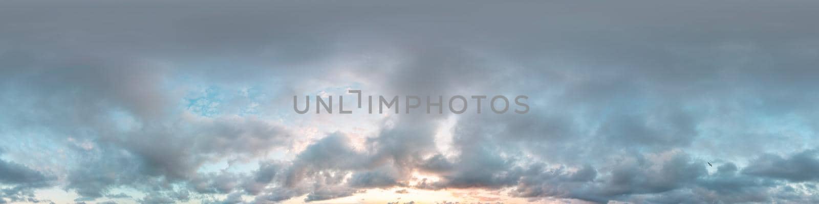 Dark blue sunset sky panorama with pink Cumulus clouds. Seamless hdr 360 pano in spherical equirectangular format. Full zenith for 3D visualization, game, sky replacement for aerial drone panoramas