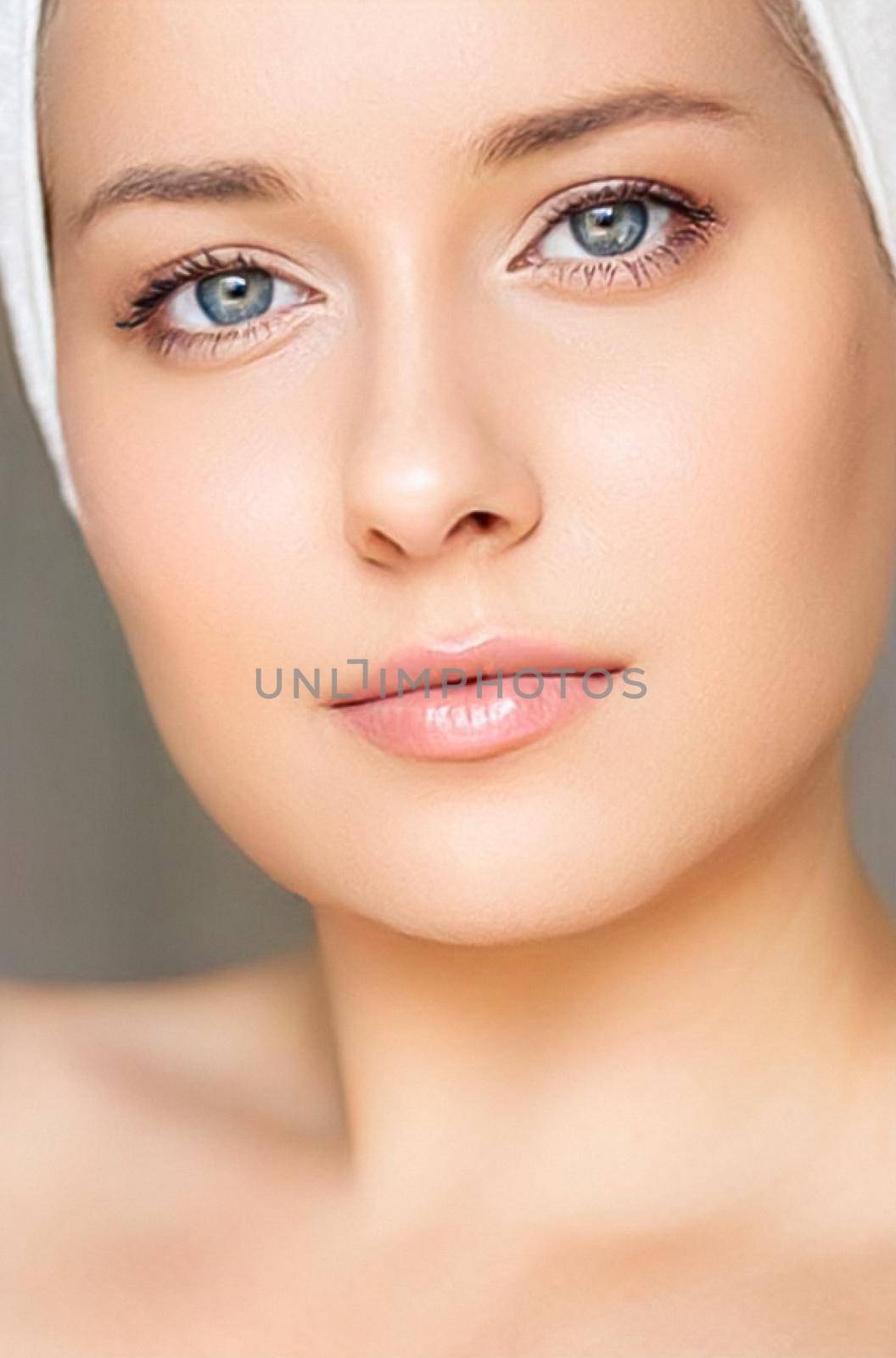 Skin care and beauty routine, beautiful woman with white towel wrapped around head, skincare cosmetics and face cosmetology, close-up portrait