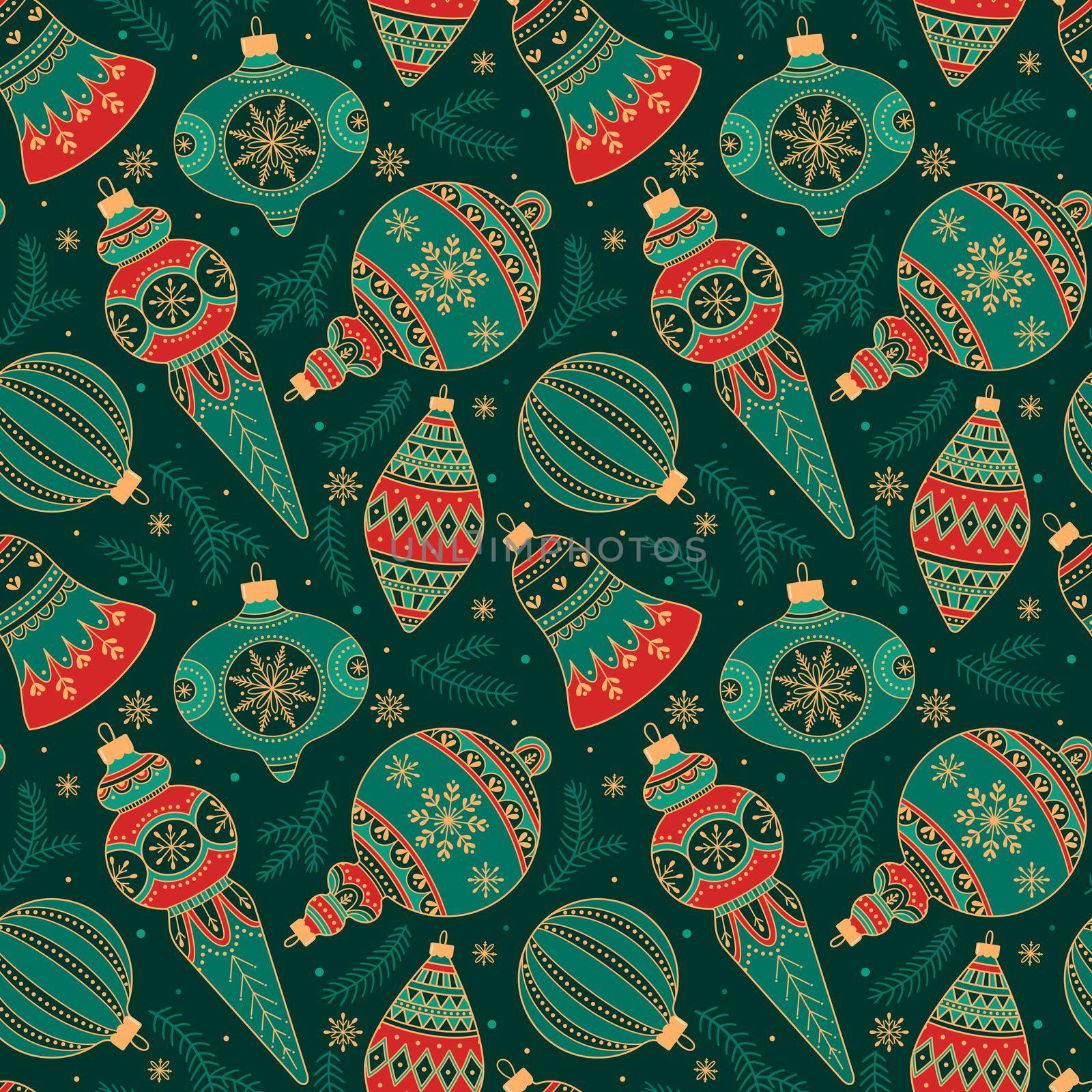 Seamless pattern with Christmas decor. Vector illustration for Christmas and New Year. Perfect for backgrounds, wrapping paper, covers, fabrics.