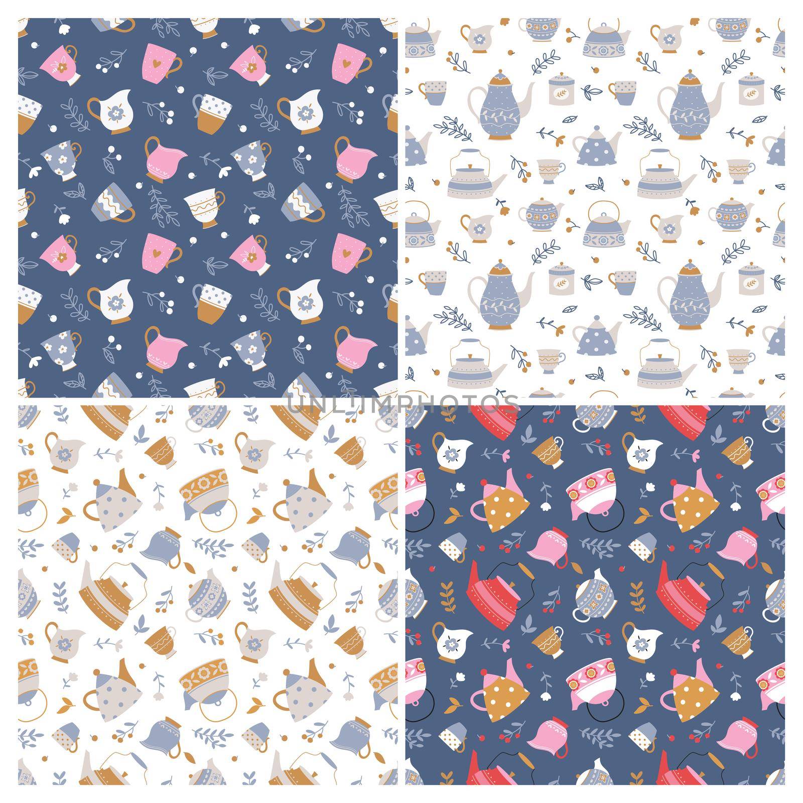 Set of seamless backgrounds with teapots and cups on a white and dark blue background. Simple cartoon style. by Lena_Khmelniuk