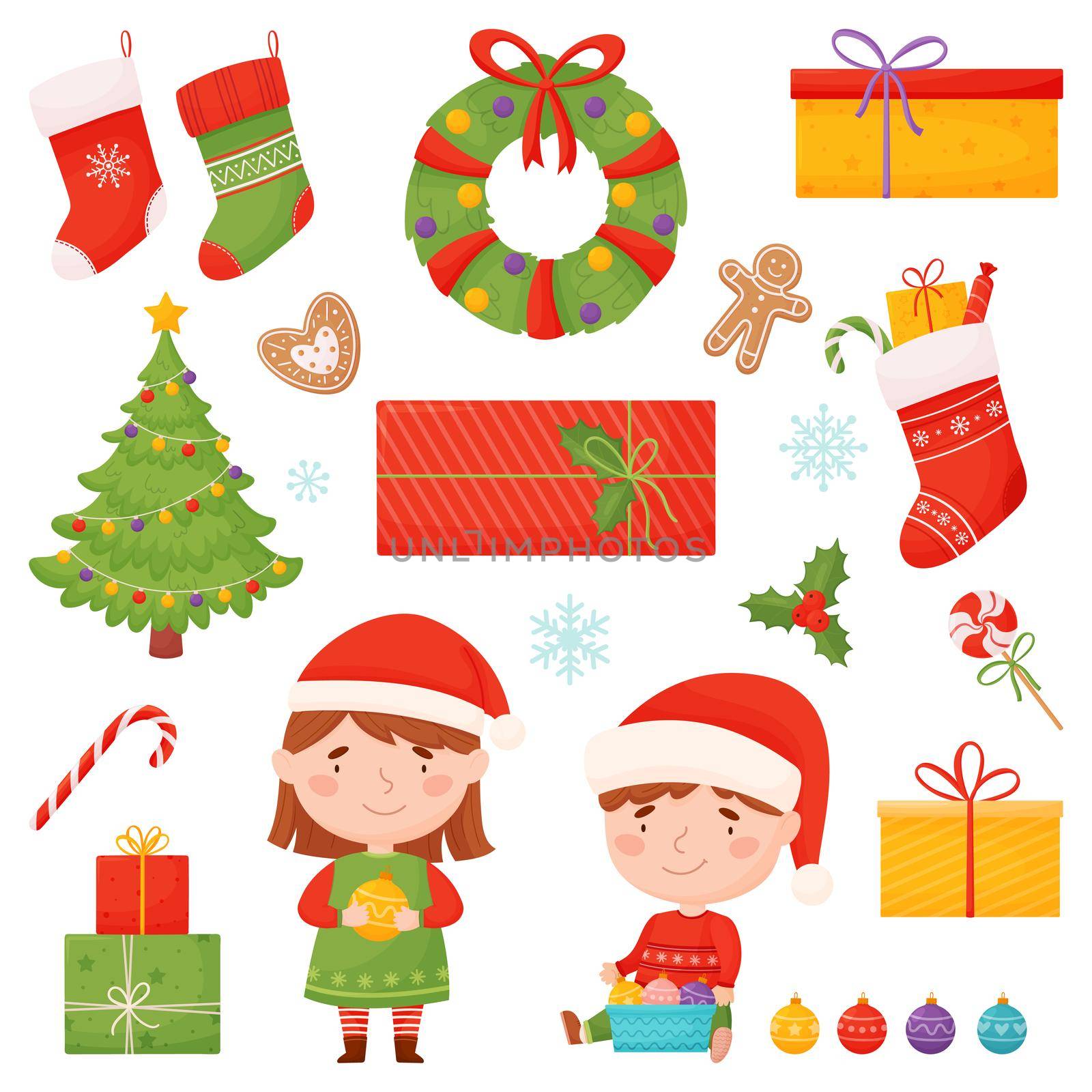 Christmas set of characters and elements in cartoon style. Christmas tree, gifts, sweets, snowflakes, children, Christmas wreath, etc. by Lena_Khmelniuk
