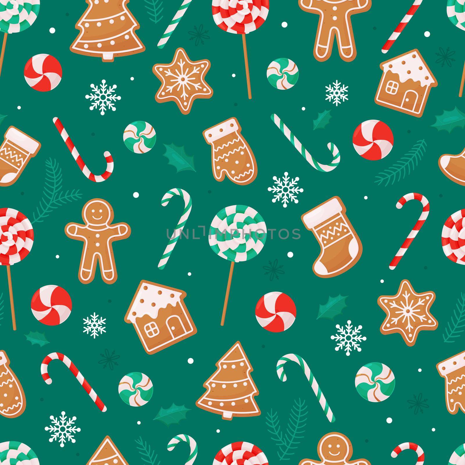 Seamless Christmas pattern with lollipops candy cane gingerbread cookies by Lena_Khmelniuk