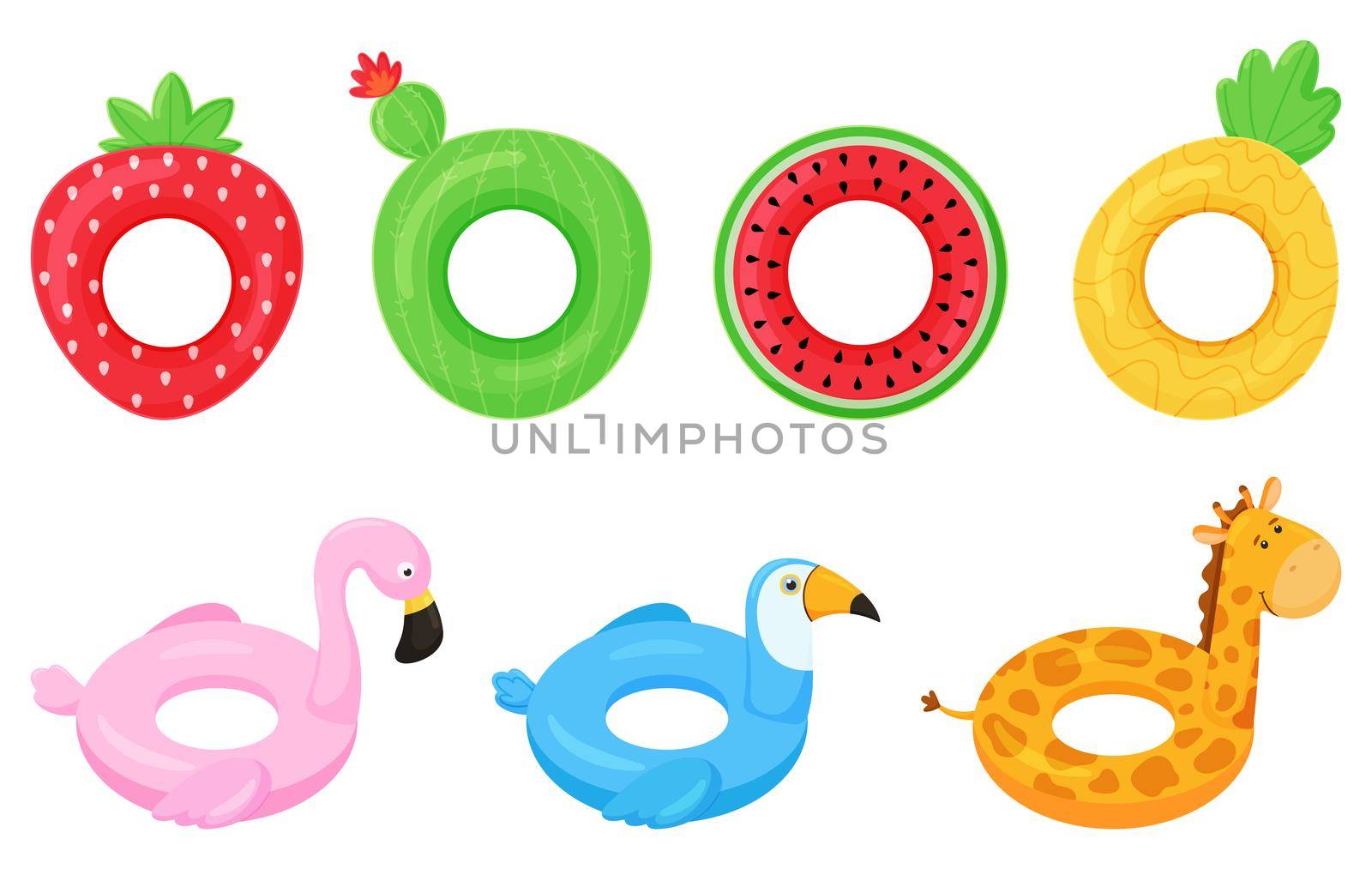 Set of rubber colorful inflatable swimming rings. Strawberry, cactus, pineapple, watermelon, pink flamingo, giraffe and toucan. Vector illustration isolated on white background.