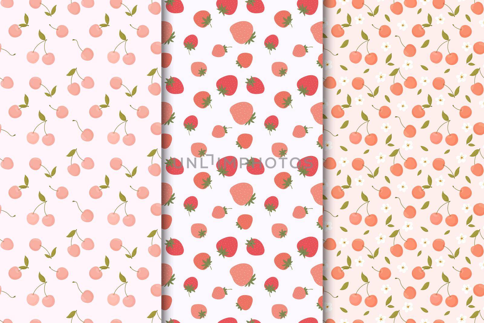 Set of seamless patterns with summer fruits. cherries, strawberries, flowers and leaves on a white and light pink background. by Lena_Khmelniuk
