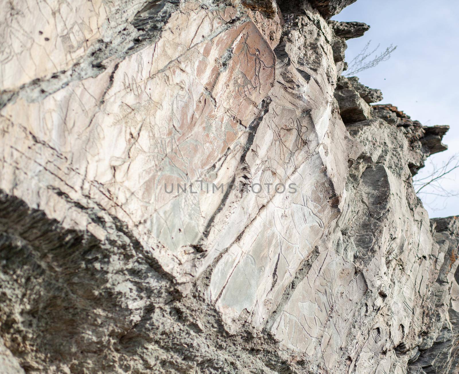 Old rock carvings of an ancient man on rocks in Siberia. The drawings depict animals and people