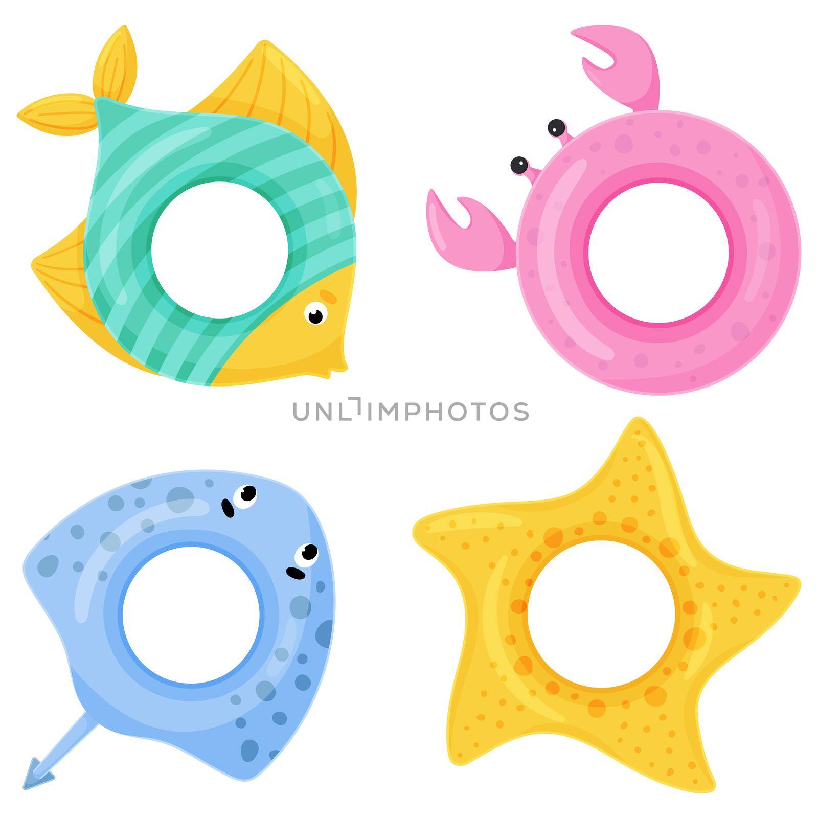 Set of colorful swimming rings. Flat cartoon icon. Ring float, inflatable toys fish, stingray, starfish, crab. Vector illustration isolated on a white background.