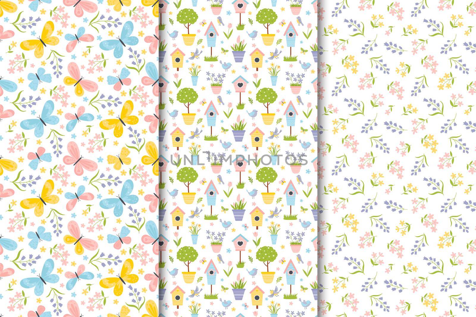Spring set of seamless patterns in flat hand drawn cartoon style. Vector children's colorful illustration of a bird, potted plants, flowers, birdhouses, butterflies. Spring or summer colorful background for fabric, cover, wrapping paper, etc.