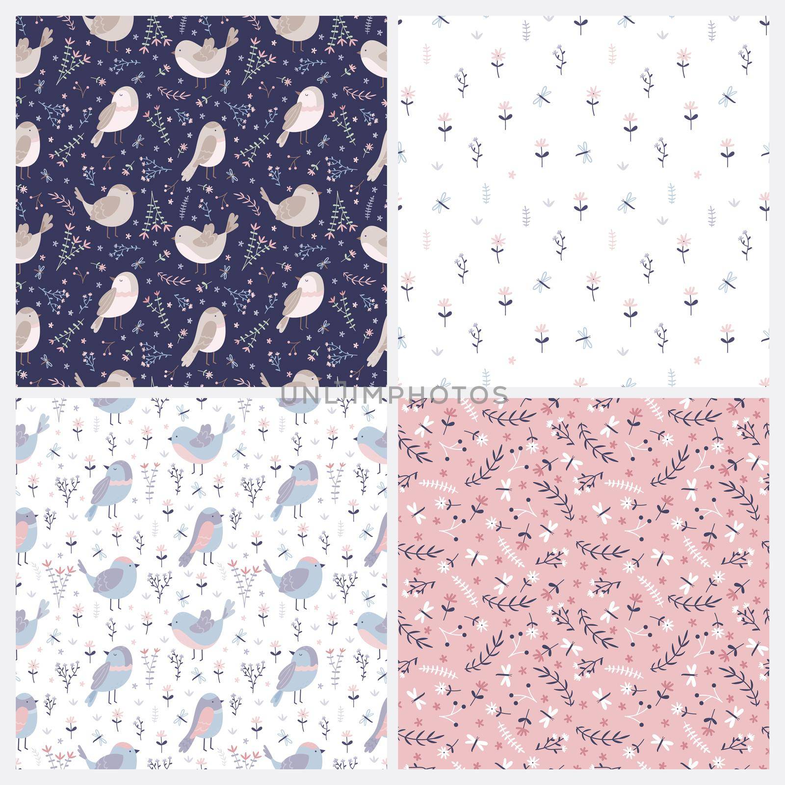 Set of spring seamless patterns with birds, flowers, leaves and dragonflies. Ideal for wallpapers, wrapping paper, fabrics. Vector illustration in Scandinavian style.