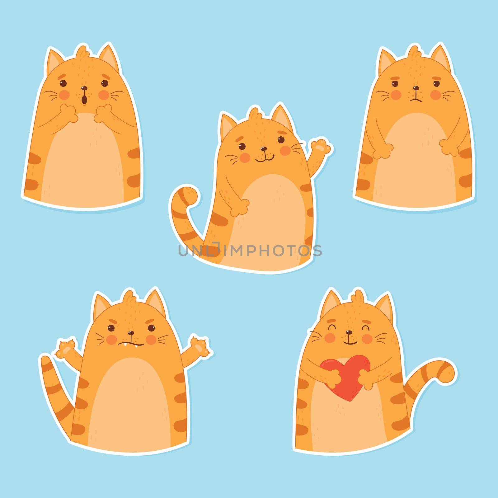 Cat emoticons, sticker collection. Cartoon flat style. Cute ginger cat with different emotions. Vector illustration isolated on a blue background.