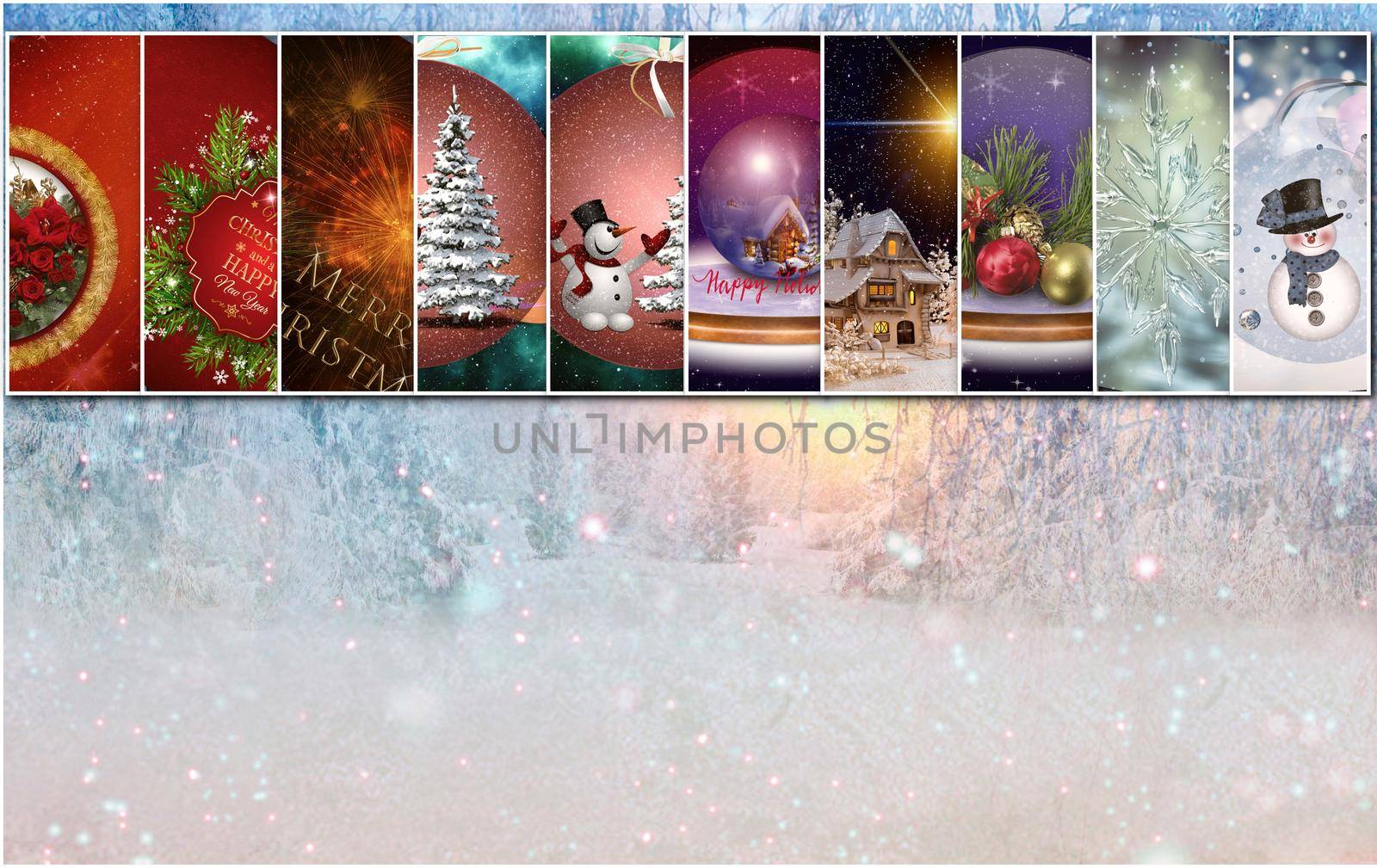 Ten pictures on the theme of Christmas combined into a collage. Presented on the background of the winter forest, there is a place for your text.