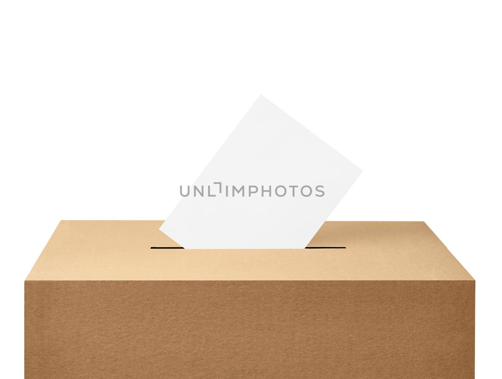 close up of a ballot box and flying papers casting vote on white background