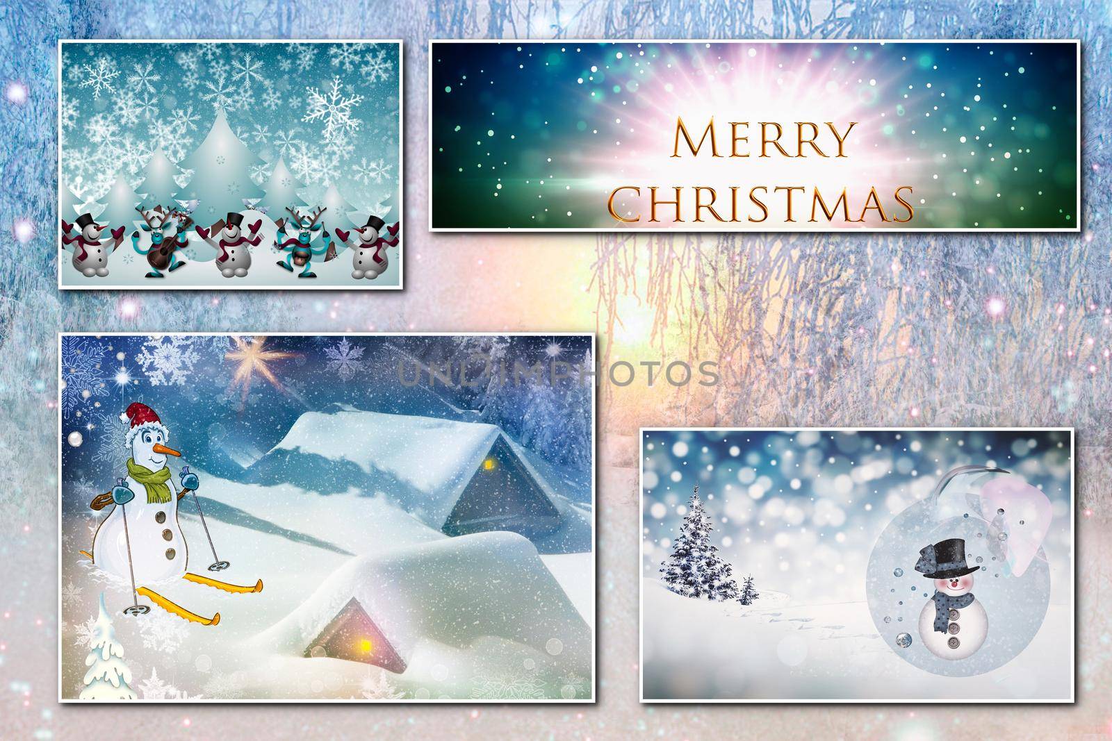 Four pictures on the theme of Christmas combined into a collage. Presented on the background of the winter forest, there is a place for your text.