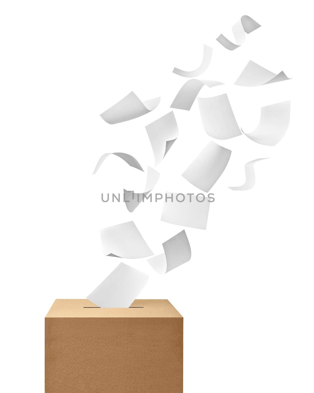 close up of a ballot box and flying papers casting vote on white background