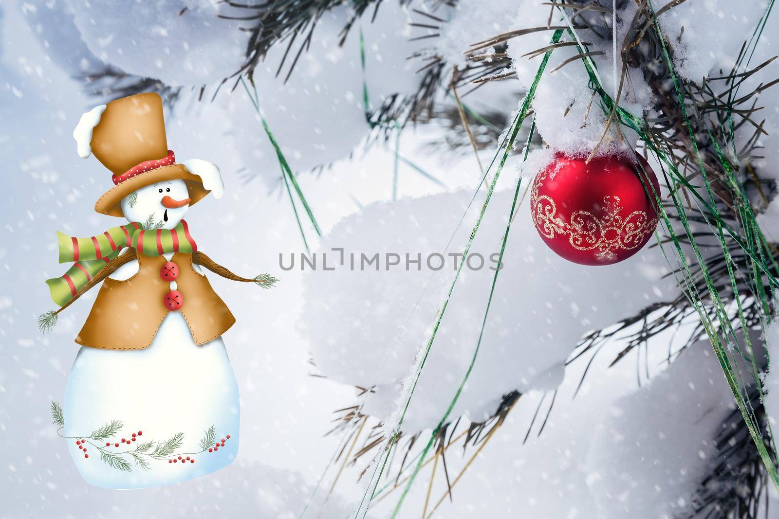 Beautiful Christmas card in vintage style with a picture of a snowman.