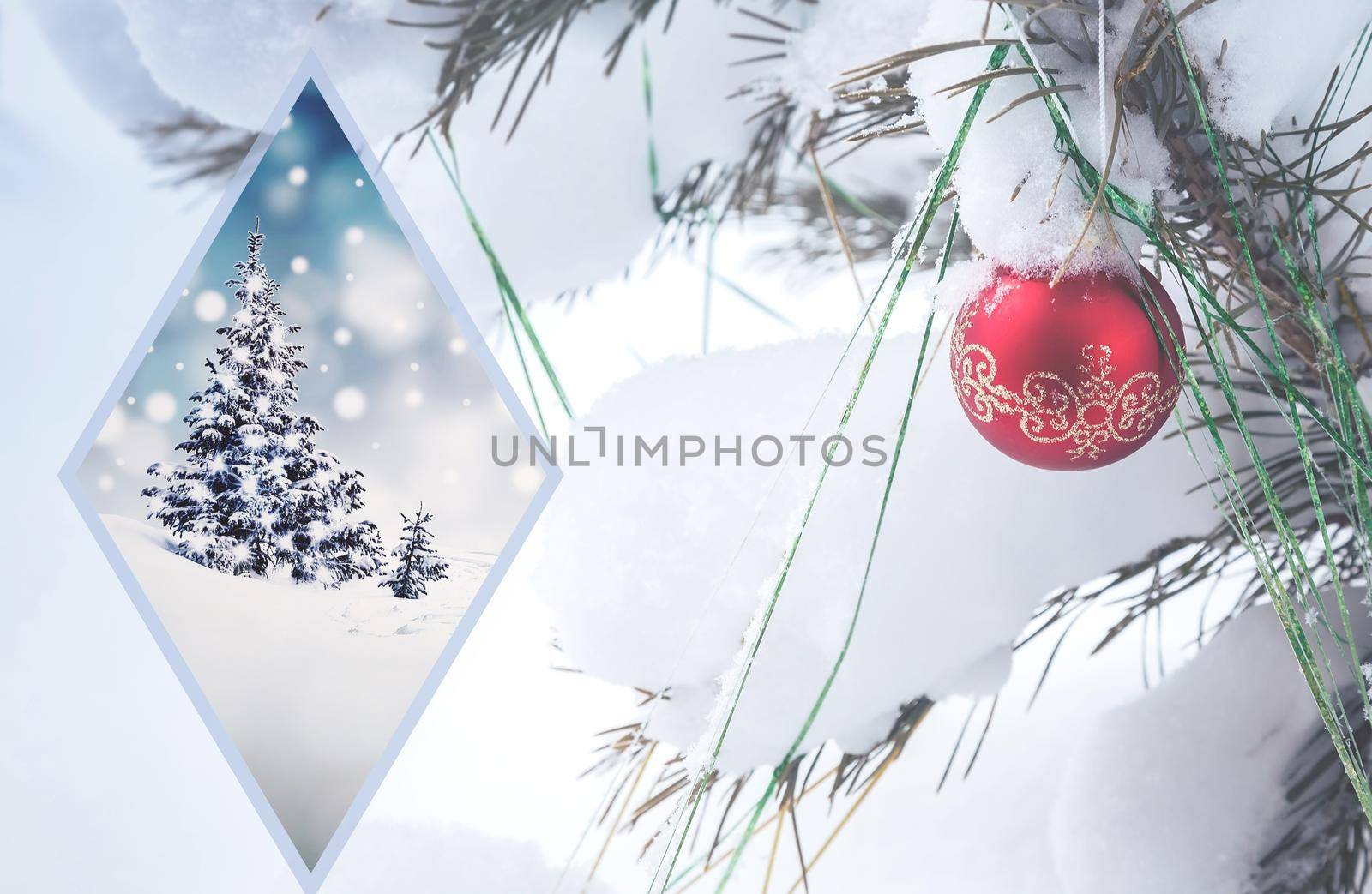 Beautiful Christmas card in vintage style with a picture of a snow-covered Christmas tree