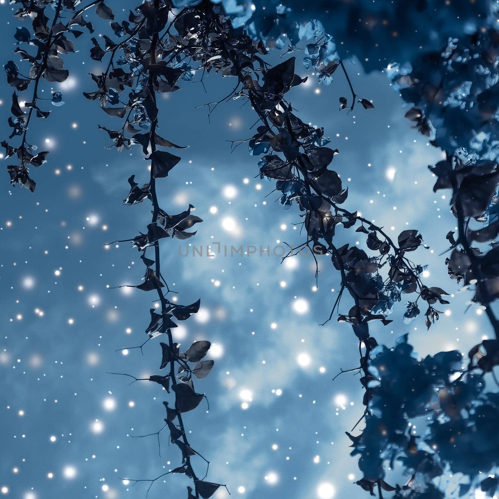 Magical, branding and festive concept - Christmas, New Years blue floral nature background, holiday card design, flower tree and snow glitter as winter season sale backdrop for luxury beauty brand