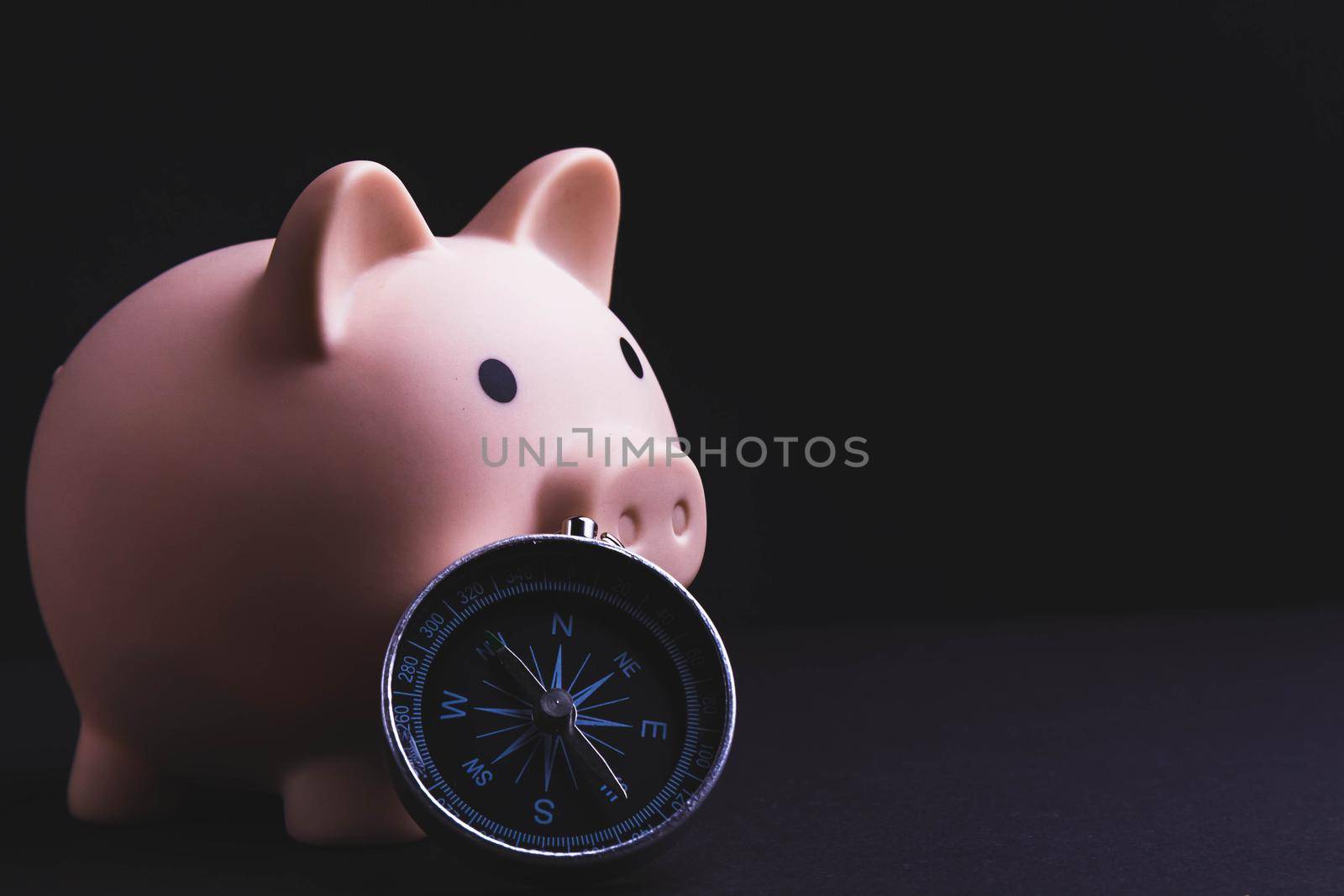 Saving money for travel. Piggy bank and compass. Fundraising for tourism. Tourism on credit.