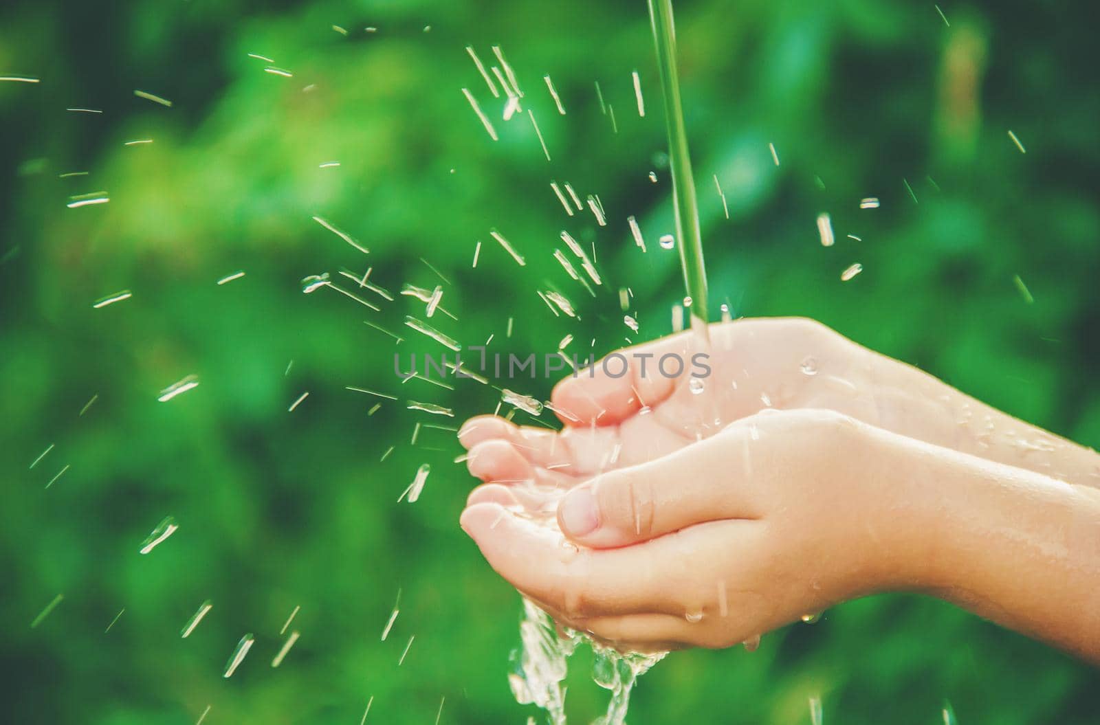 Water flows into the hands of the child. Selective focus. by yanadjana