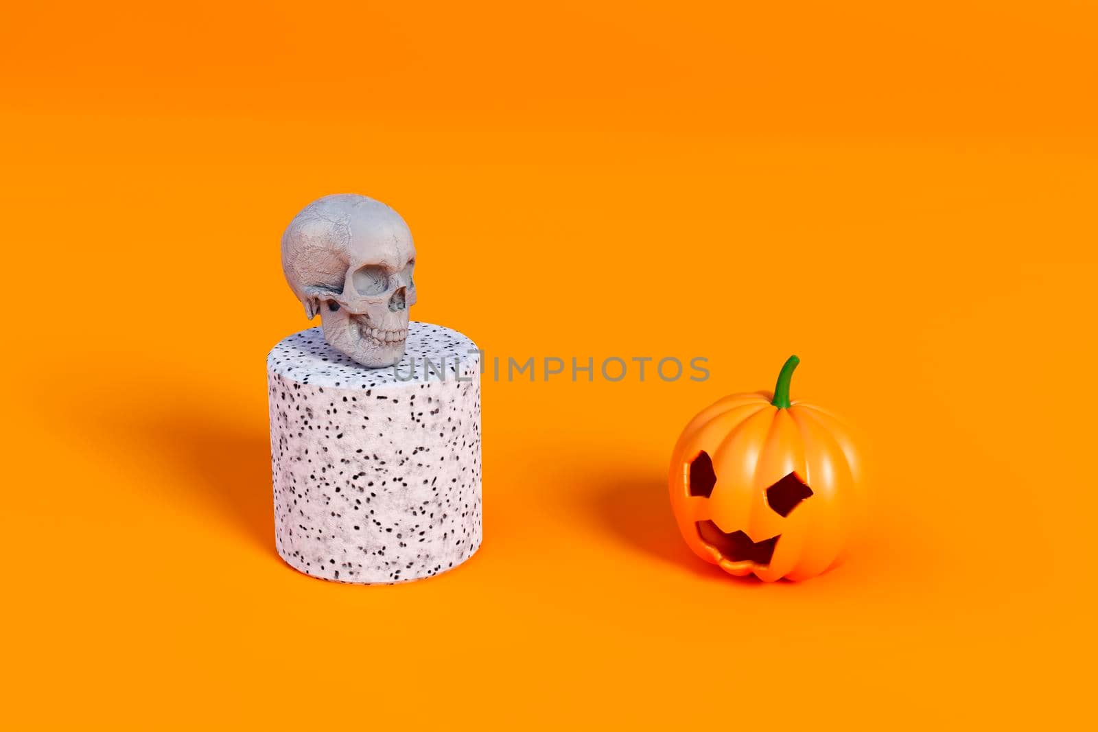 Halloween pumpkin and white skull face to face on a orange background. 3d render
