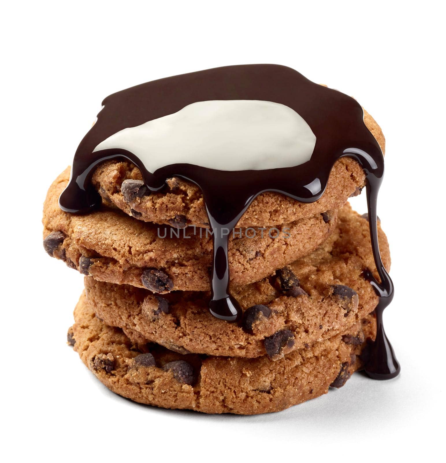 close up of a chocolate syrup on a cookie on white background