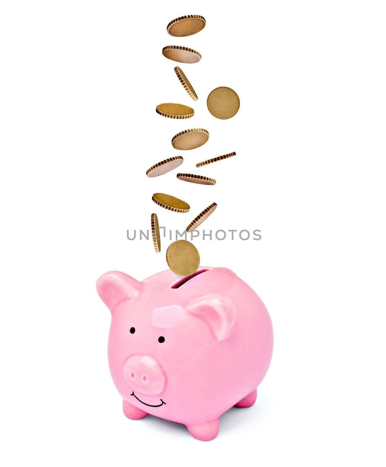 Close up of a pink piggy bank on white background