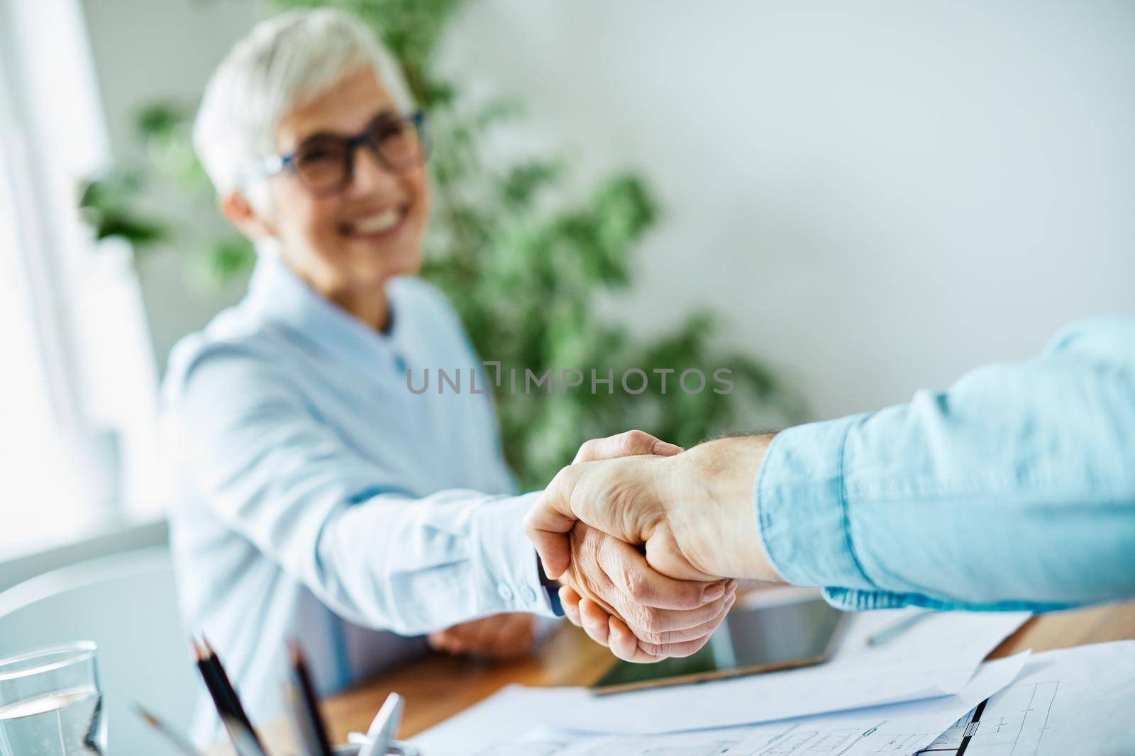 portrait of a senior beautiful businesswoman shaking hands introducing each other in the office