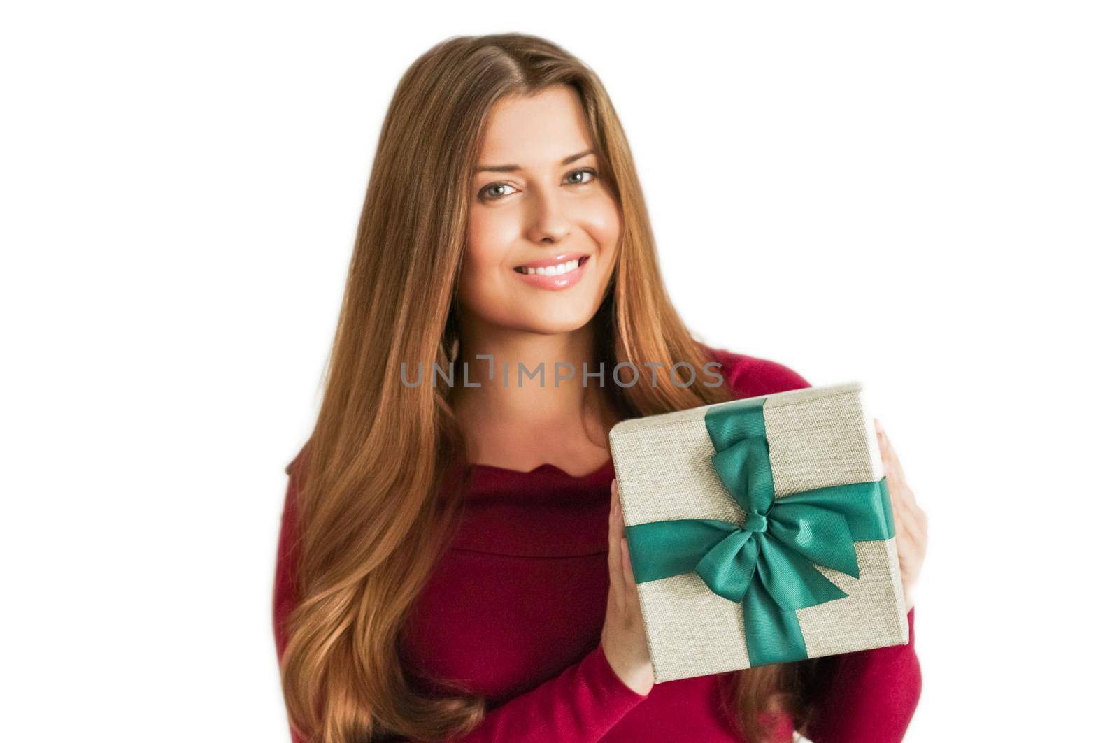 Christmas holiday present, happy woman holding a gift or luxury beauty box subscription delivery isolated on white background by Anneleven