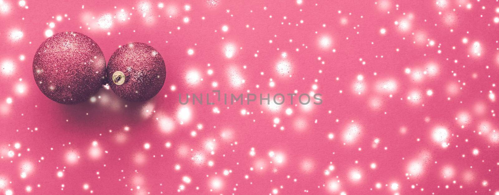 Christmas baubles on pink background with snow glitter, luxury winter holiday card by Anneleven