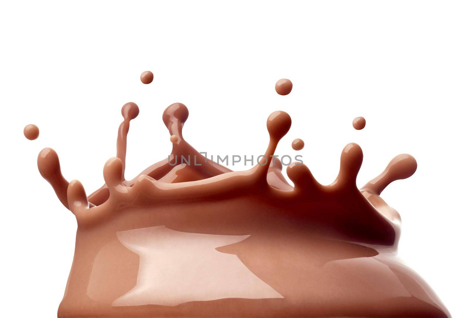 close up of a chocolate milk splash on white background