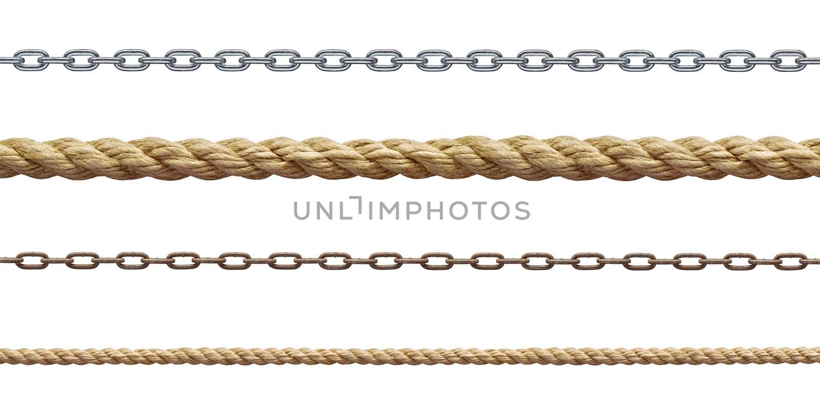 collection of various rope and chain on white background. each one is shot separately