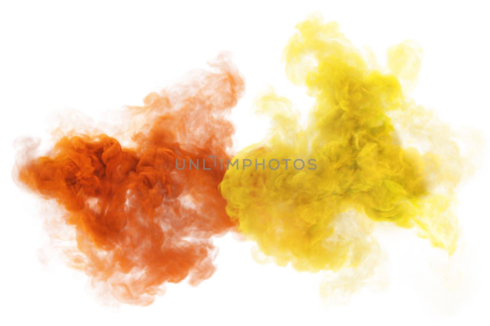 Puff clouds of yellow and red fantasy smoke. Madic fog texture. Duo colors 3D render abstract background for fan festivals and party
