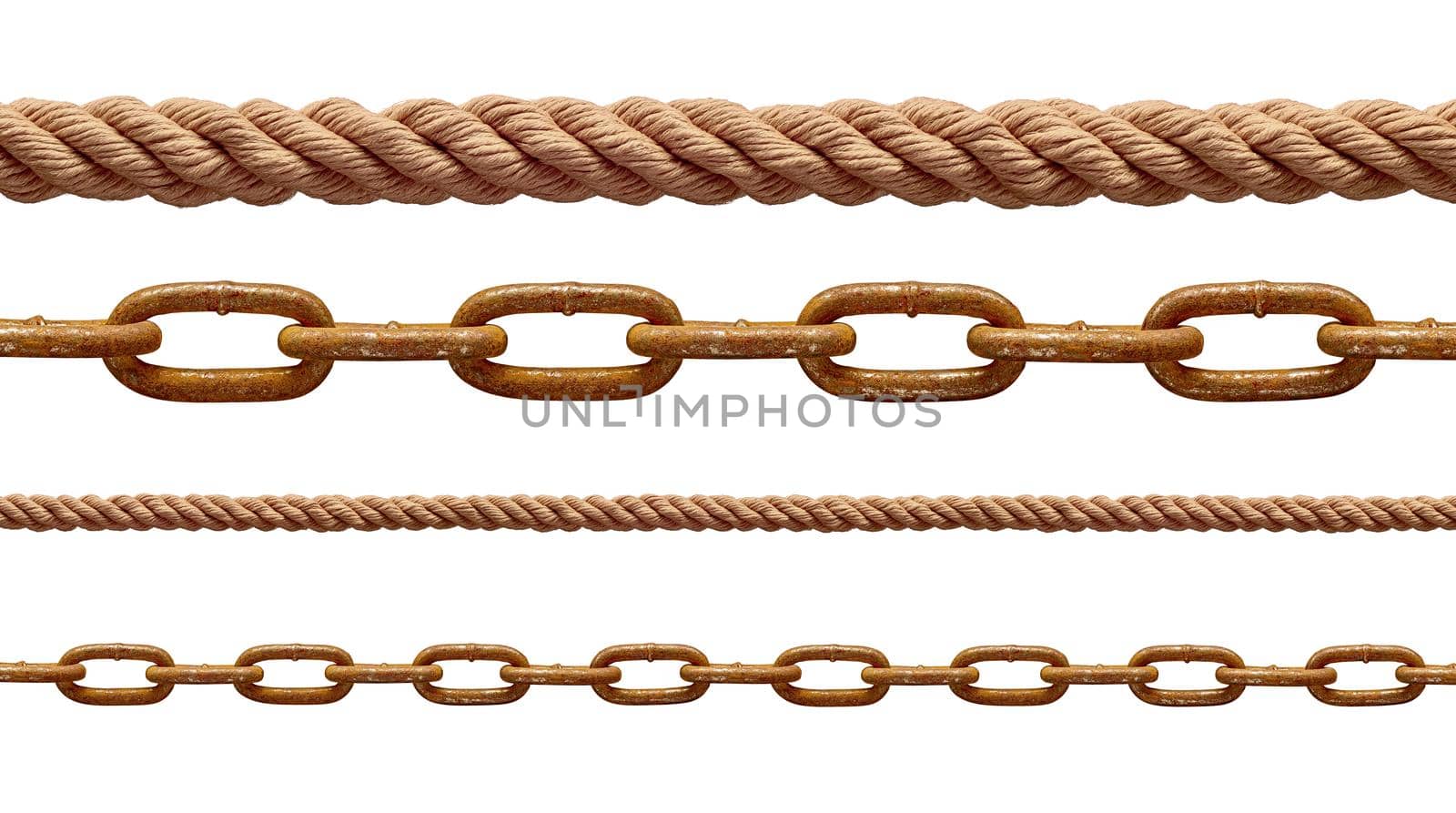 collection of various rope and chain on white background. each one is shot separately