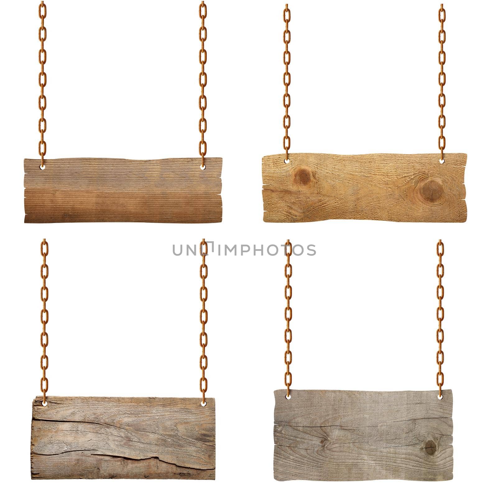 wooden blank sign hanging with chain and rope on white background