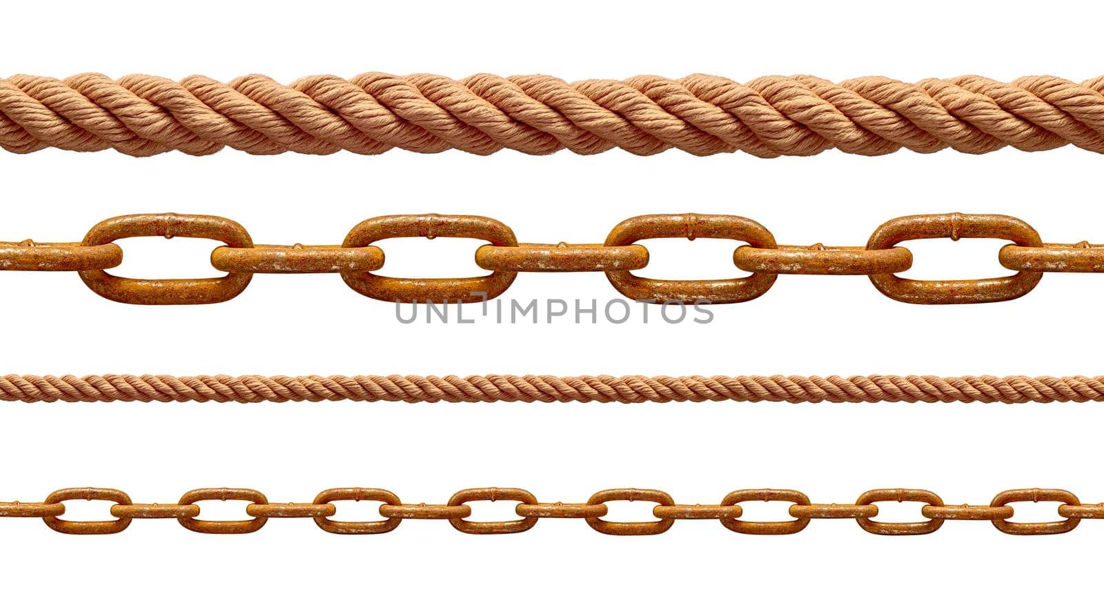 collection of various rope and chain on white background. each one is shot separately