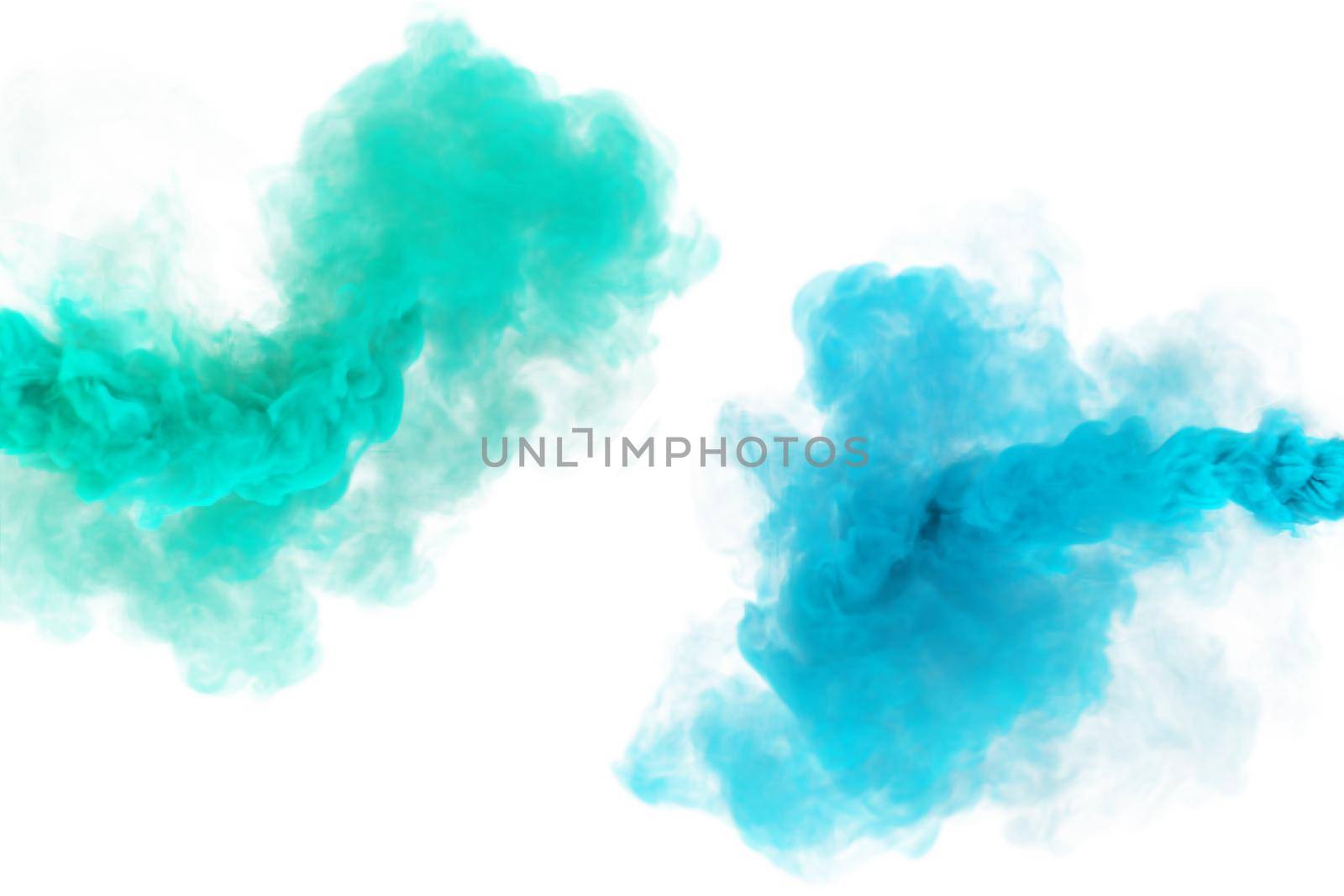 Menthol green and blue plumes of smoke. Marine blue and green 3D render abstract fog texture on a white background for fest and fan party decoration