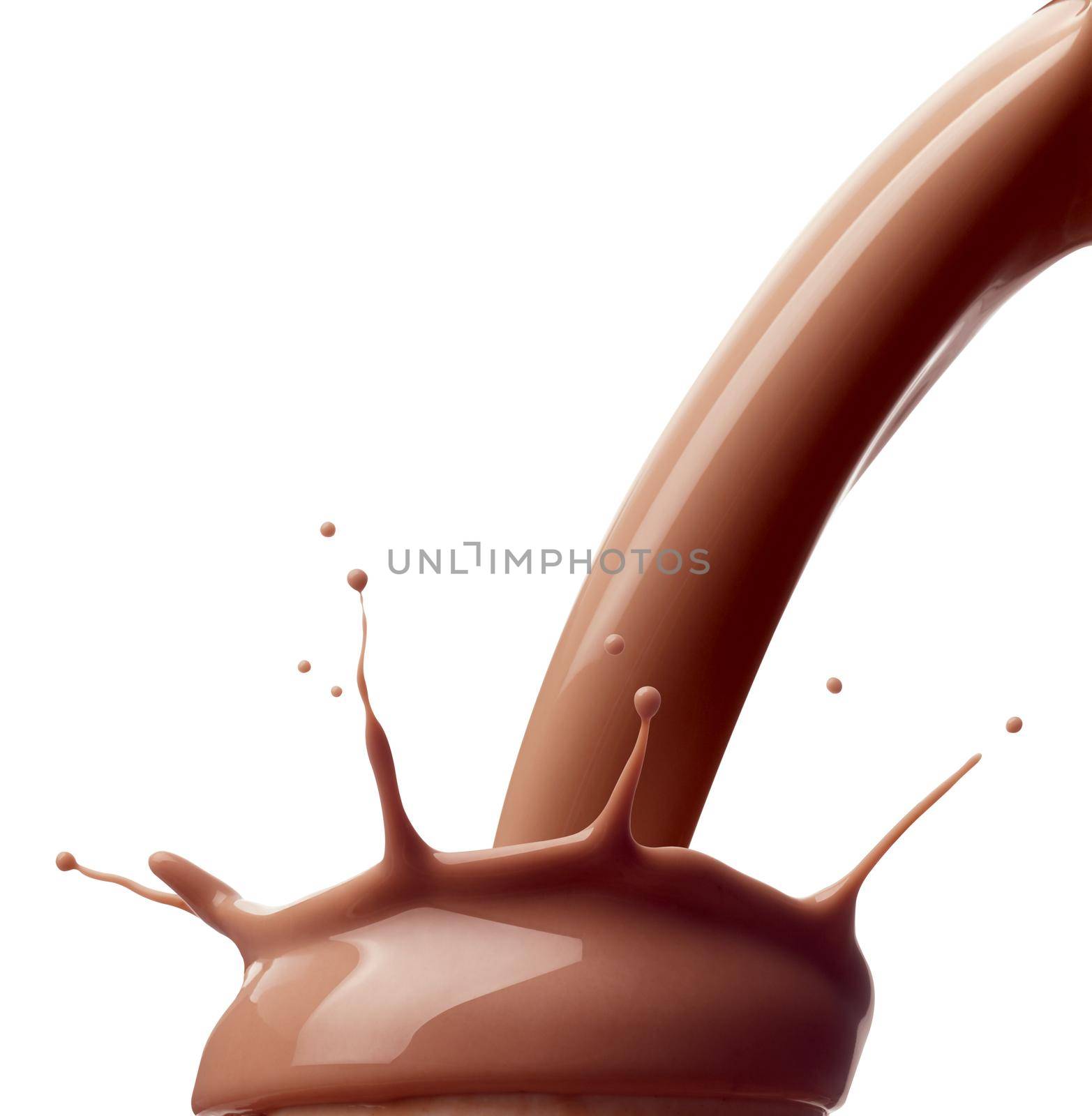 close up of a chocolate milk splash on white background