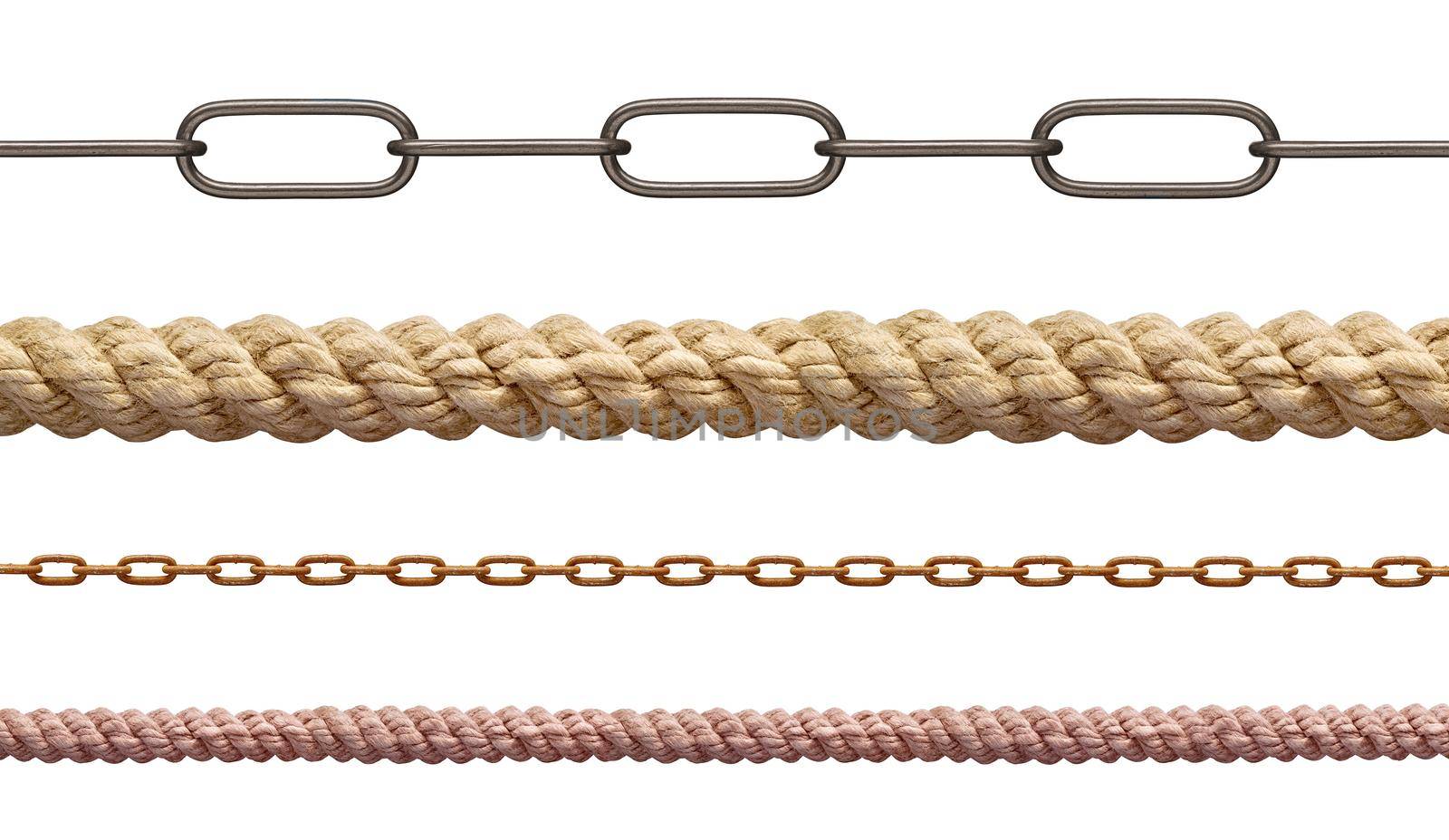 collection of various rope and chain on white background. each one is shot separately