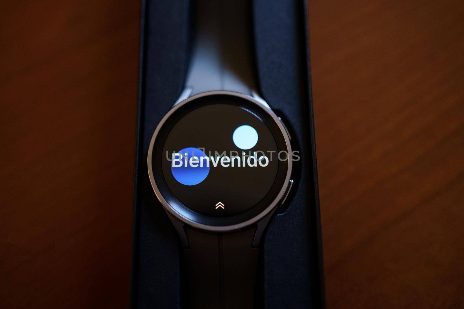 Granada, Andalusia, Spain - September 28th, 2022: New Samsung Watch 5 Pro in its box. Welcome screen.