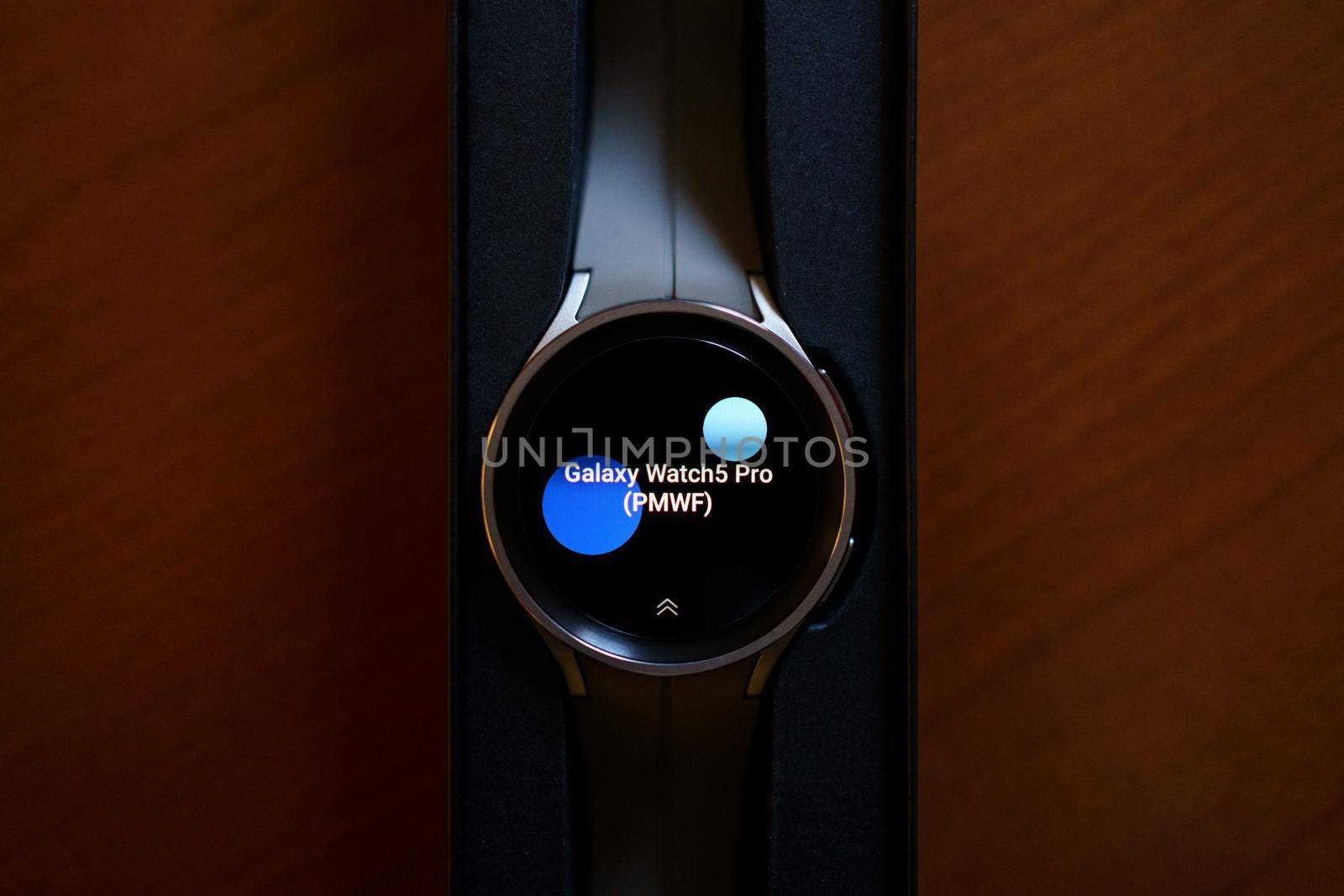 Granada, Andalusia, Spain - September 28, 2022: New Samsung Watch 5 Pro in its box. by javiindy