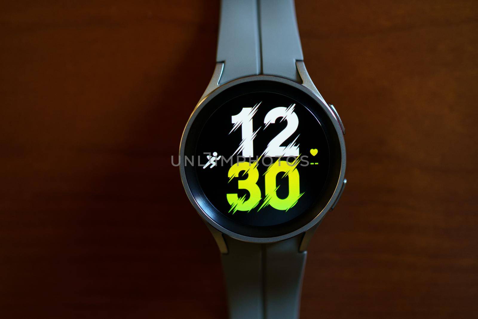 Granada, Andalusia, Spain - September 28th, 2022: New Samsung Watch 5 Pro in its box with different watch faces .