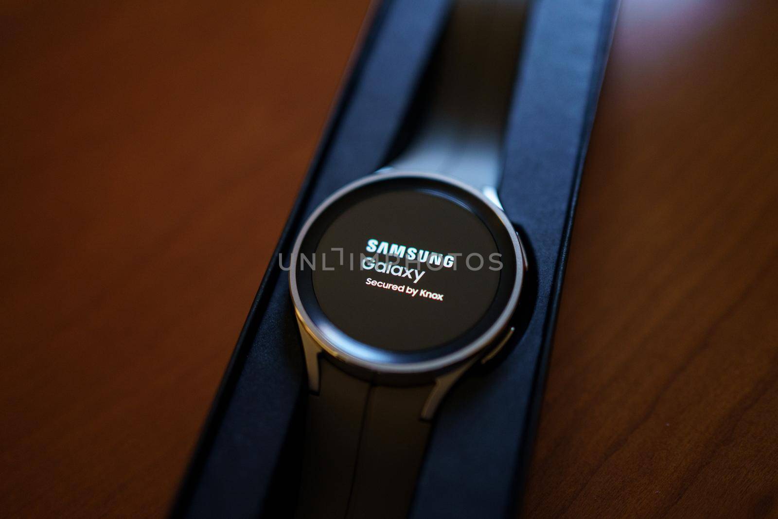 Granada, Andalusia, Spain - September 28th, 2022: New Samsung Watch 5 Pro in its box. Samsung logo on the display.