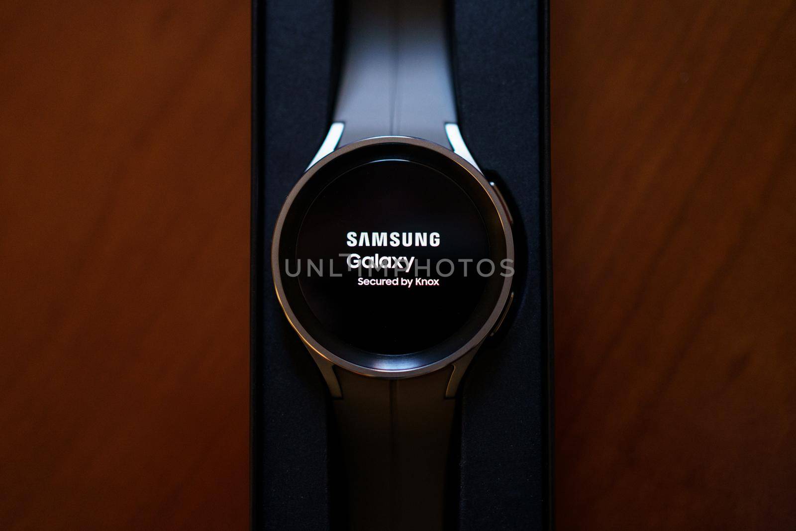 Granada, Andalusia, Spain - September 28th, 2022: New Samsung Watch 5 Pro in its box. Samsung logo on the display.