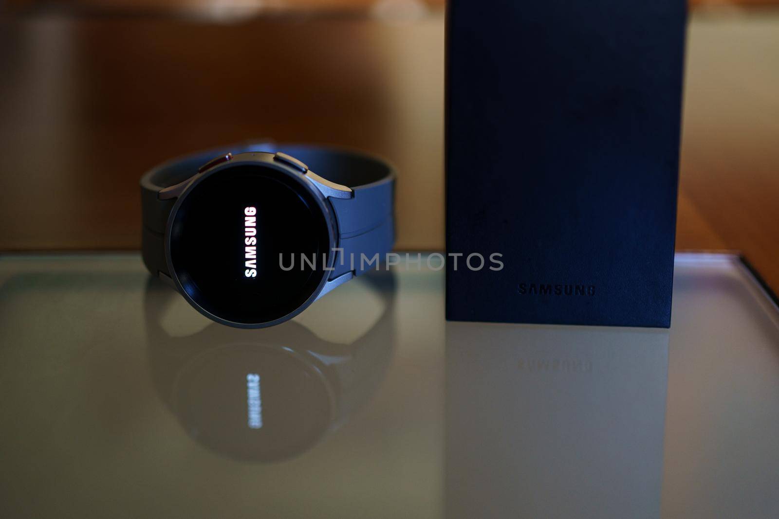 Granada, Andalusia, Spain - September 28th, 2022: New Samsung Watch 5 Pro in its box.