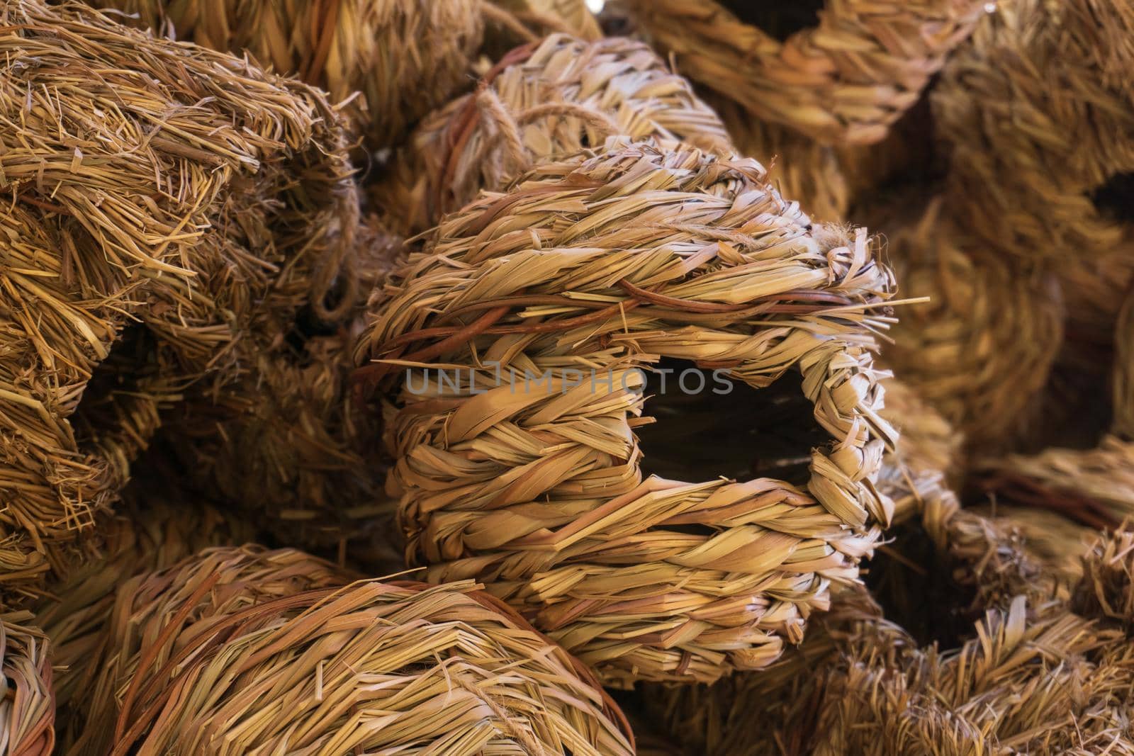 Wicker round houses for birds handmade close up