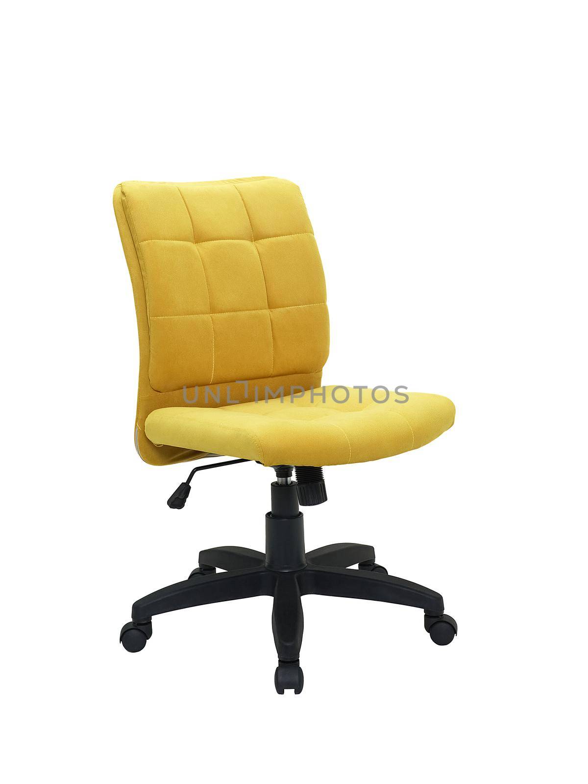 yellow office fabric armchair on wheels isolated on white background, side view. modern furniture, interior, home design